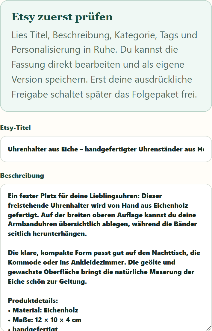 Den Etsy-Text prüfen und freigeben – echte werkstueck-Oberfläche im Demoshop