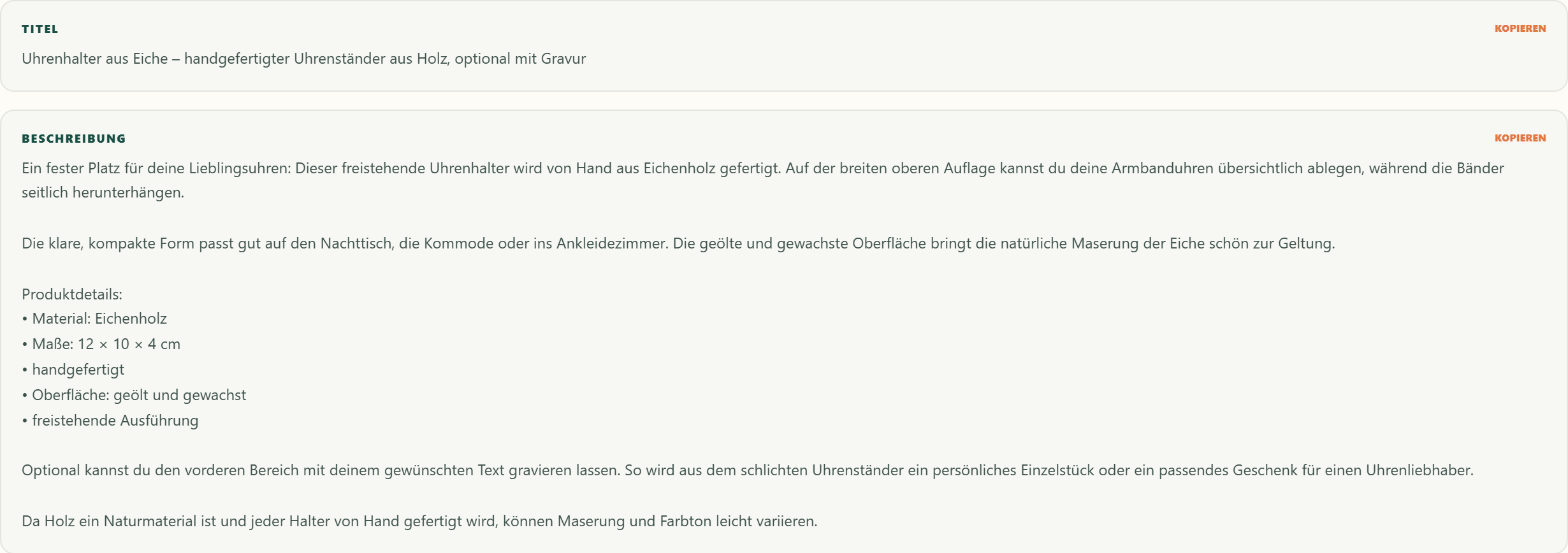 Dein gespeicherter Etsy-Entwurf – echte werkstueck-Oberfläche im Demoshop