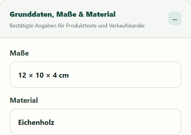 Deine bestätigten Produktangaben – echte werkstueck-Oberfläche im Demoshop