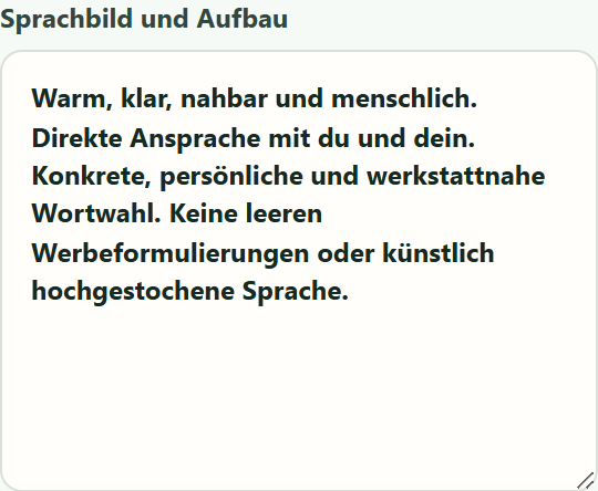 Ansprache und Grundton festlegen – echte werkstueck-Oberfläche im Demoshop