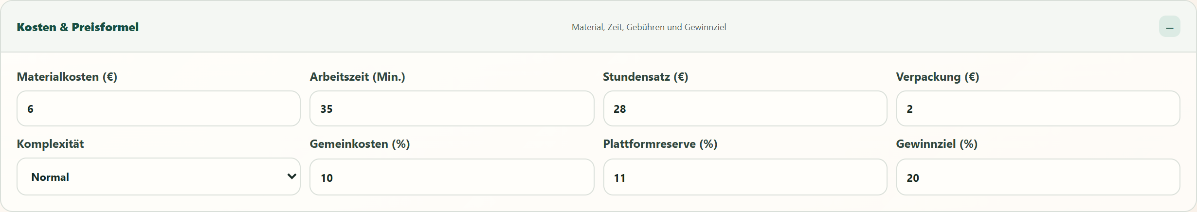 Material, Arbeitszeit und Preis – echte werkstueck-Oberfläche im Demoshop